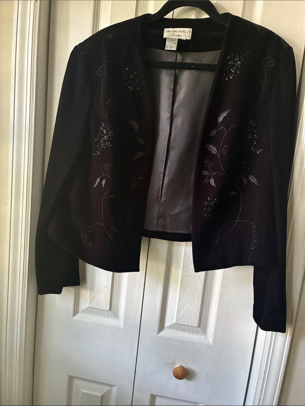 Adrianna Papell Black Embroidered Velvet Open Jacket